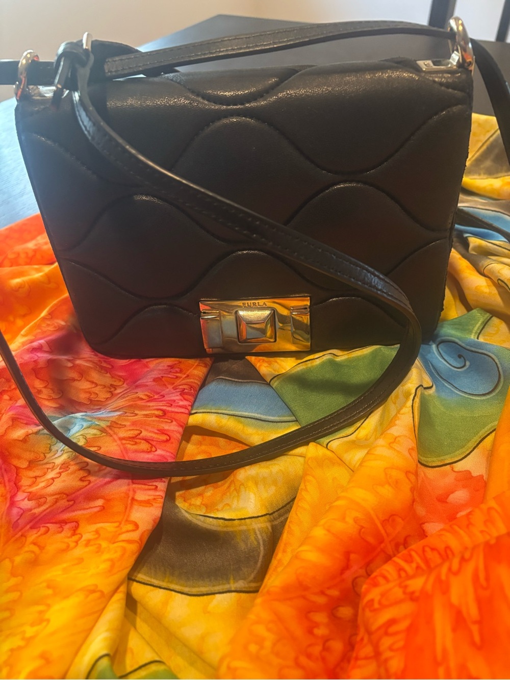 Furla Black Quilted Crossbody with Gold-Tone Clasp